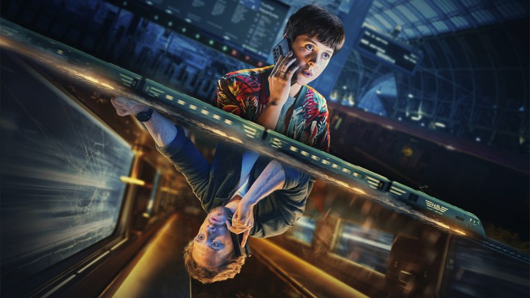 Alexandra Roach and Joe Cole talking on the phone in the poster for BBC thriller Nightsleeper